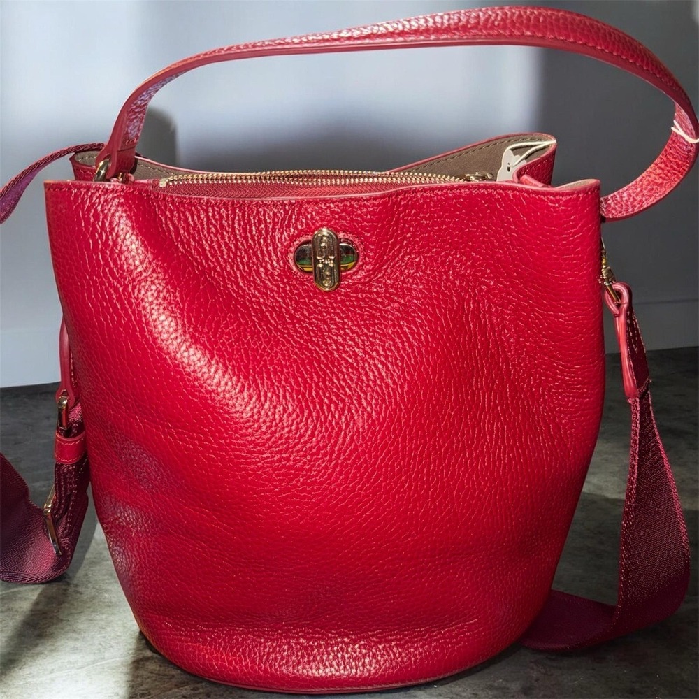 Furla Red Pebbled Leather Bucket Bag Turn Lock Crossbody Web Strap Gold Hardware